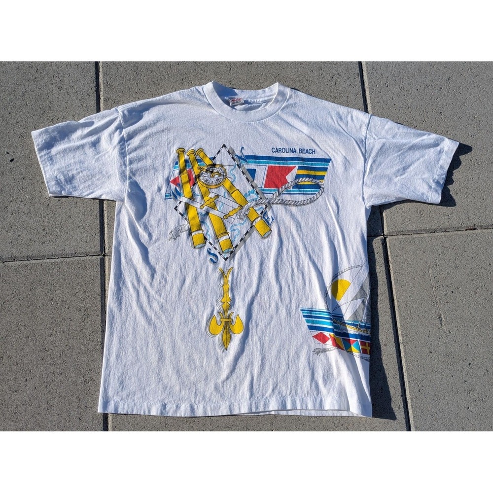 Vintage Signal Shirt Mens Large Carolina Beach Nautical Graphic Art Tee 80s USA
